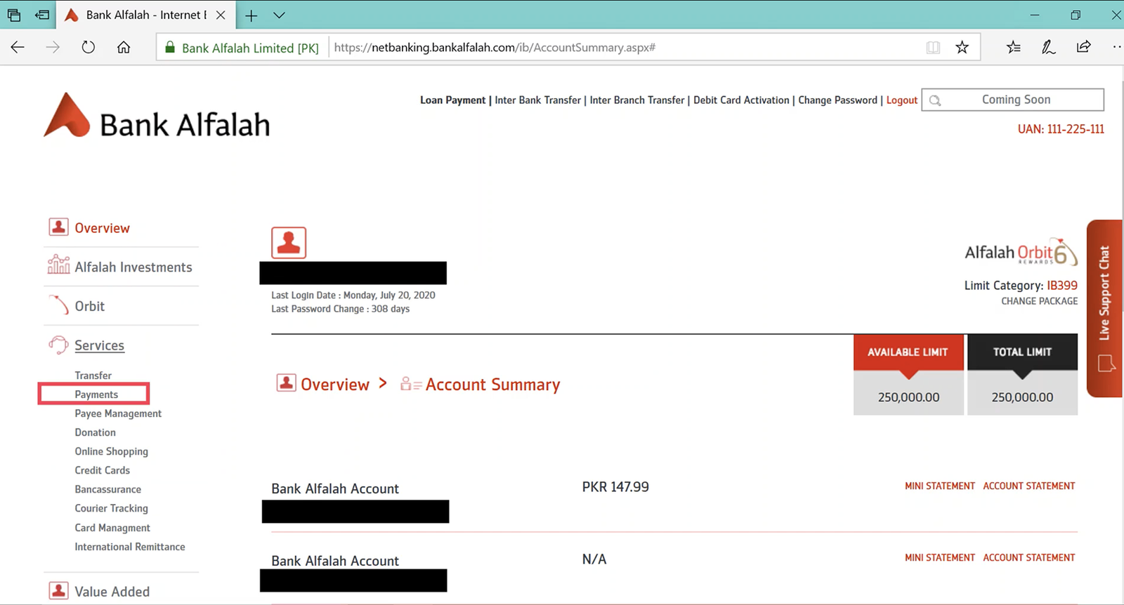 Legacy Internet Banking dashboard