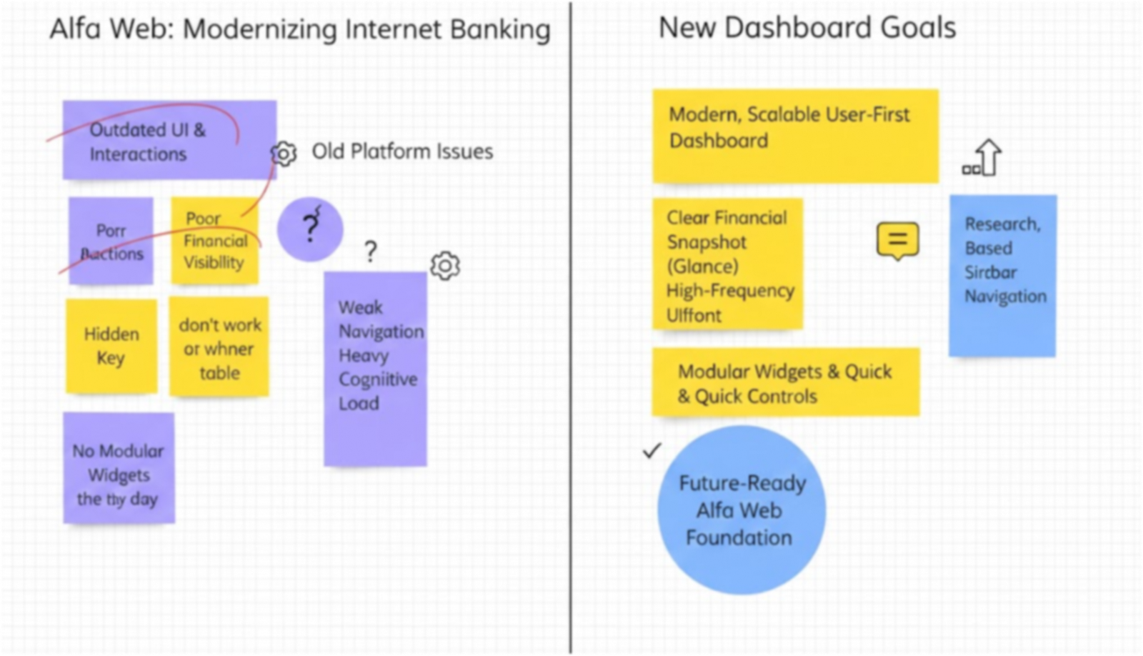 Research board mapping old platform issues to new dashboard goals