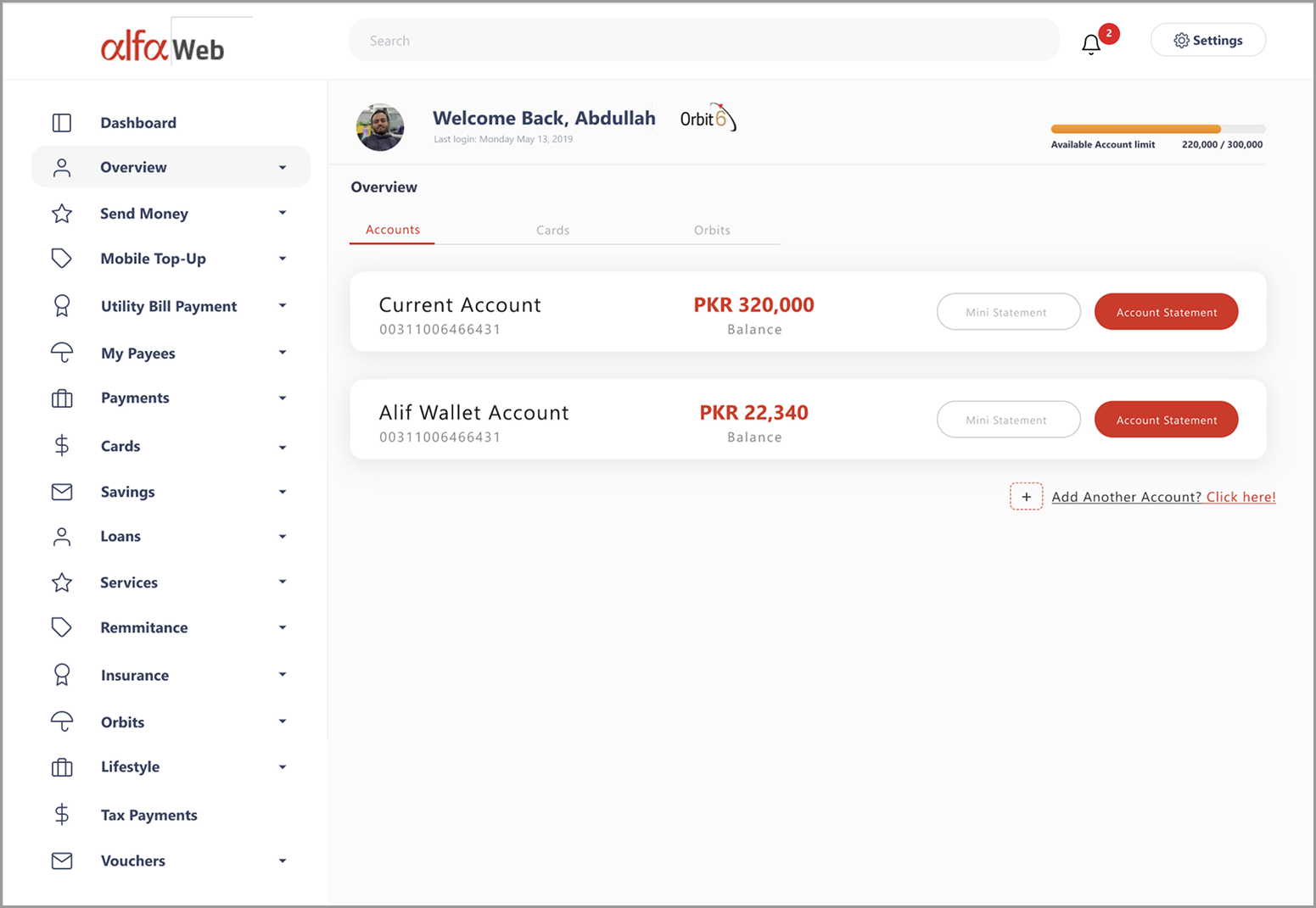 Accounts overview and sidebar navigation