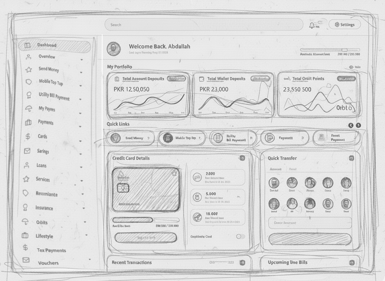 Low-fidelity wireframe of the new dashboard