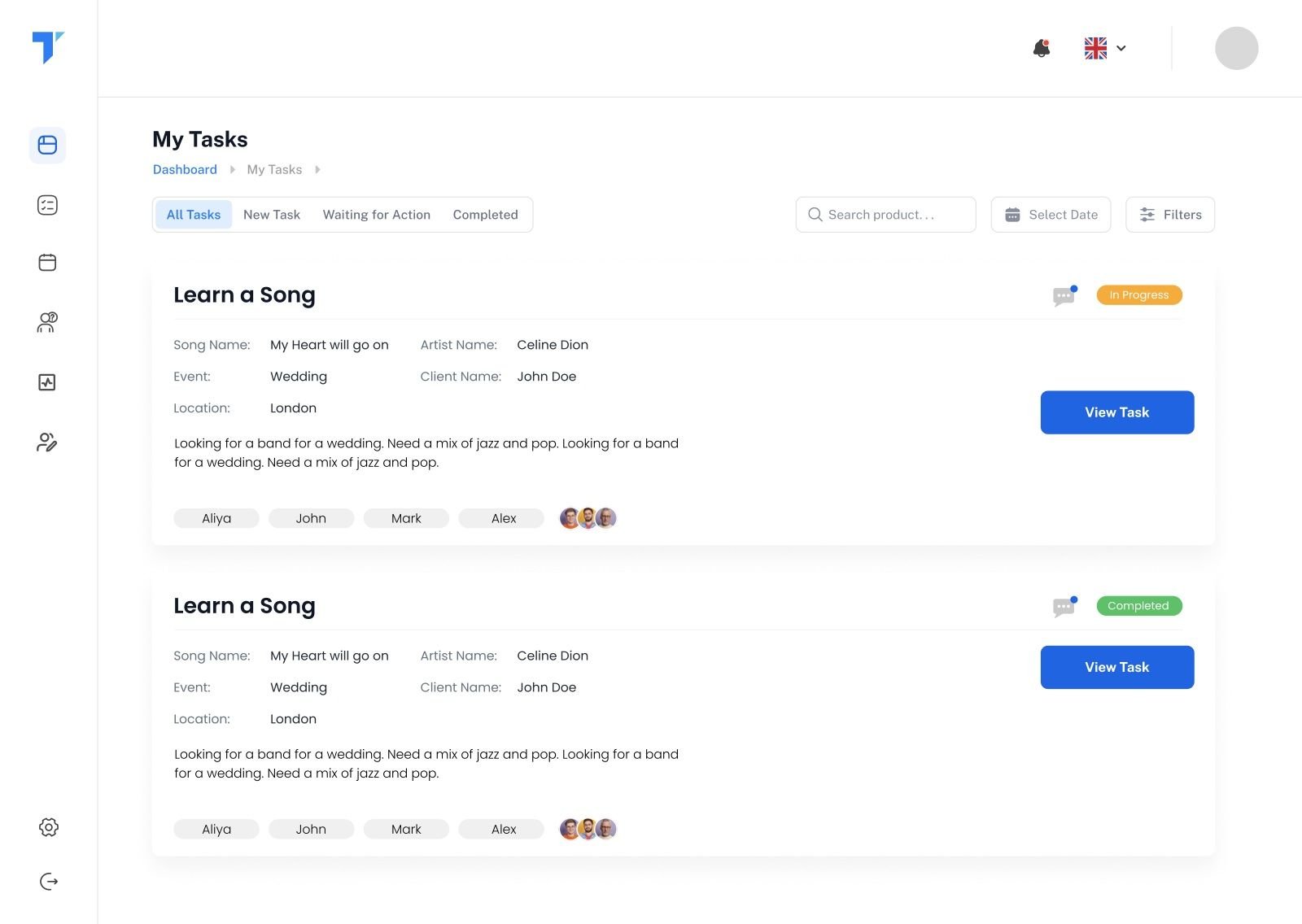 Artist tasks dashboard