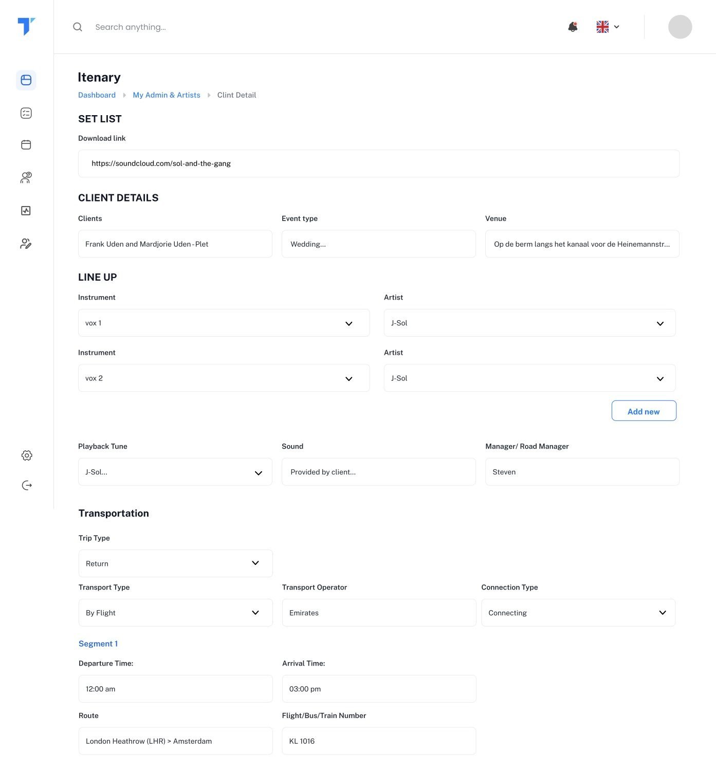 The itinerary template I designed: set list, client, lineup, transport, segments and more.