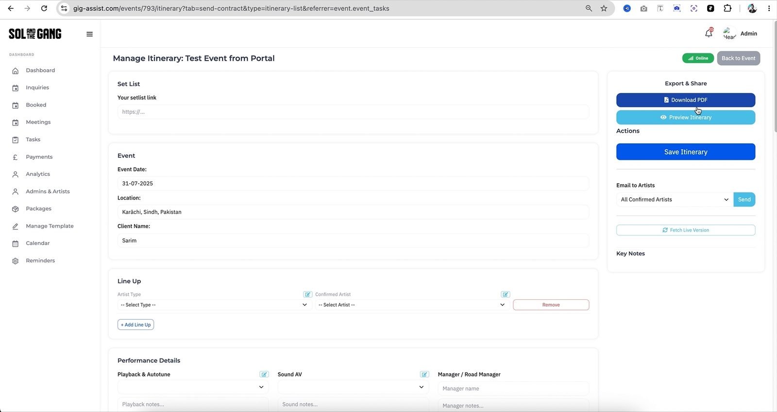 Live: fill in the template, then Download PDF, Preview, or email it to all confirmed artists.