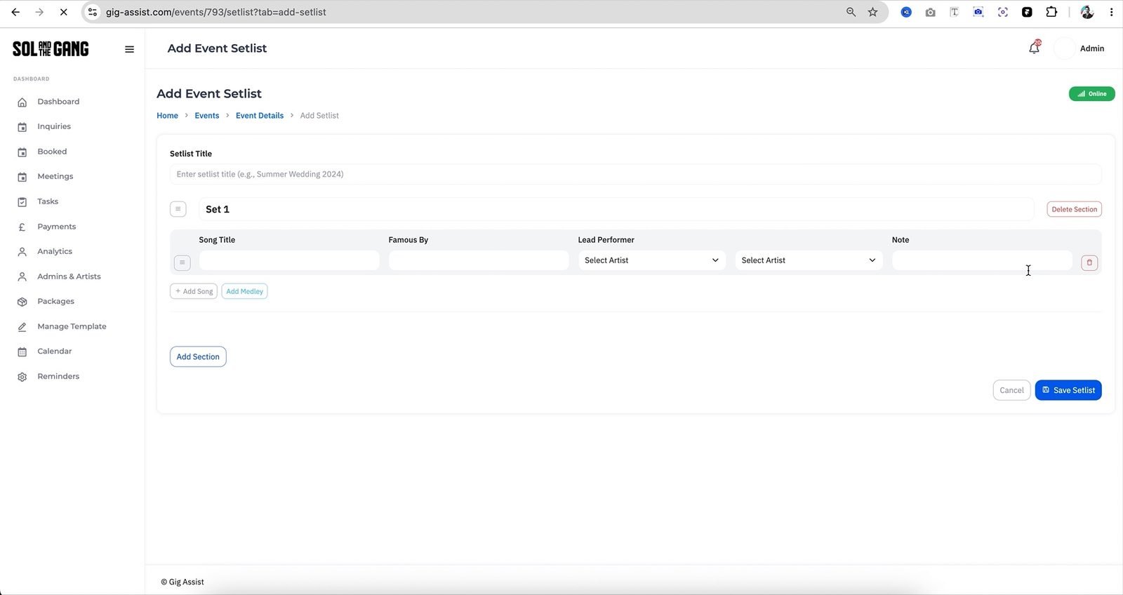 Live: the setlist builder. Song title, famous by, lead performer and notes, with sections and medleys.