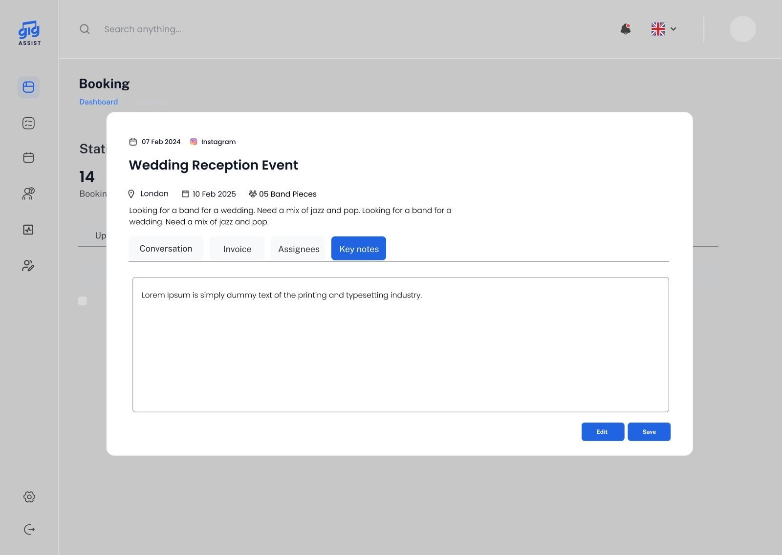 Quick View · Key notes: the manager’s notes, like a client’s special request.